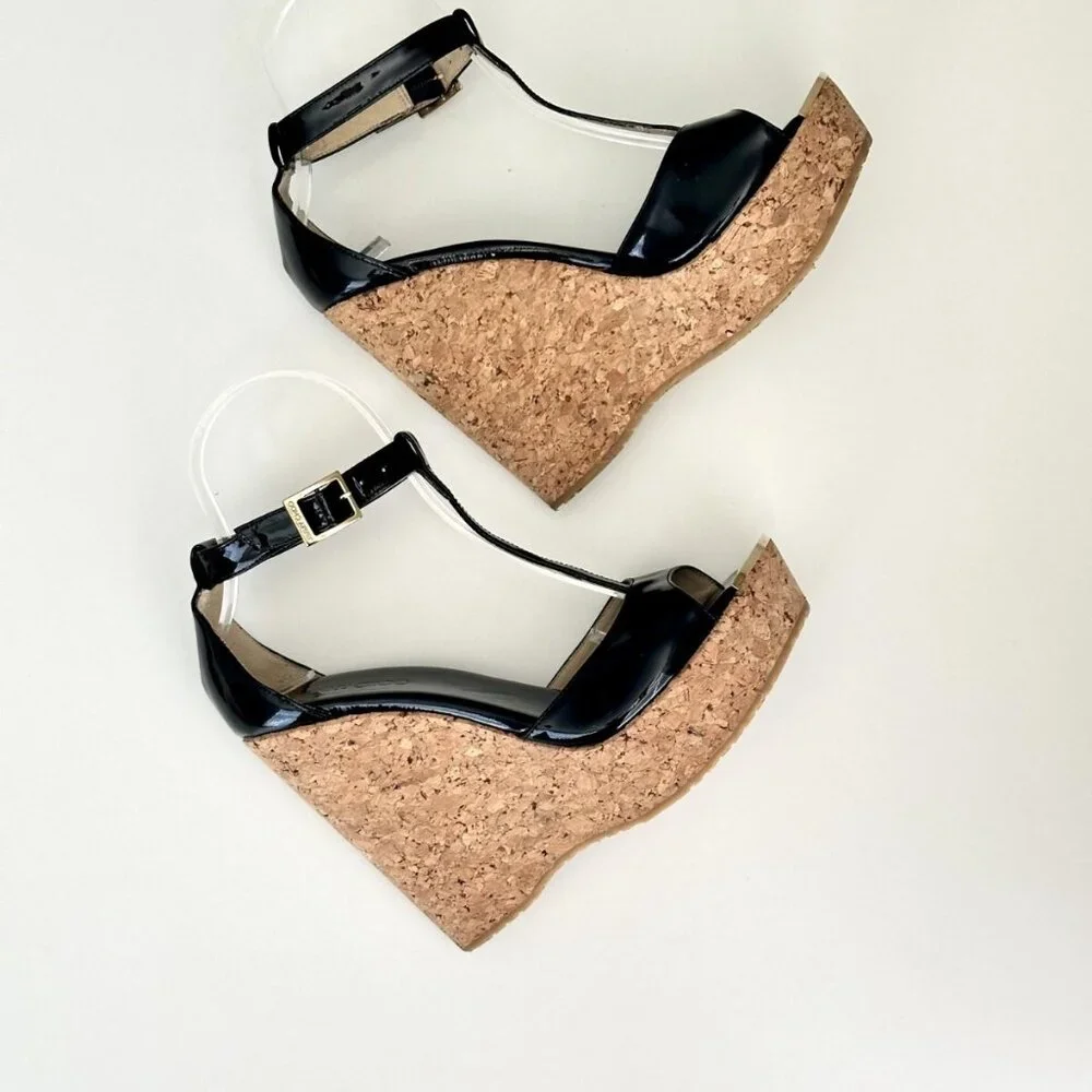 JIMMY CHOO Black Patent Leather T-Strap Platform Cork Wedge Sandals Size 38